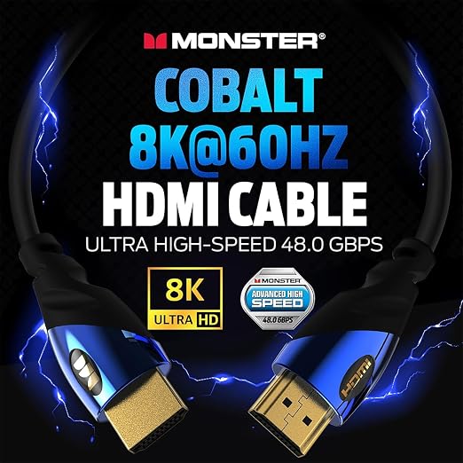 Monster 8K HDMI Cable — Xbox Series X & PlayStation 5 HDMI Cable w/ 24K Gold Contacts & V-Grip, 48 Gbps Speed, 60/120 Hz Refresh Rate, Dynamic HDR & eARC for Superior Visuals & Audio (12 FT) New Model