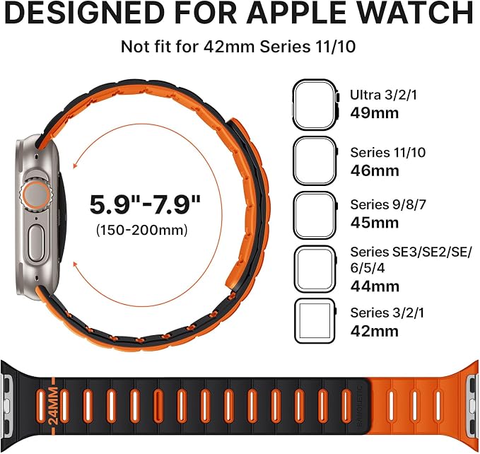 Bandletic Compatible with Apple Watch Bands for Men, Double Sided Wearable Silicone Magnetic Strap for iWatch Ultra 3 Ultra 2 SE 3 Series 11 10 9 8 7 6 5 4 3 2 1 (42/44/45/46/49mm), Black Orange