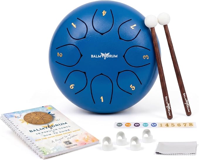 Balmy Drum Steel Tongue Drum 6 inch 8 Notes 440Hz, Handpan Drum with Music Book, Mallets, Carry Bag, Finger Picks, Rain Drum for Outdoor, Meditation Yoga Calming Instruments for Adults Kids (Blue)