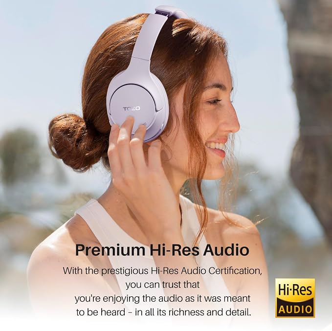 TOZO Hybrid Active Noise Cancelling Headphones, Wireless Over Ear Bluetooth Headset, 60H Playtime, Hi-Res Audio Custom EQ via App Deep Bass Comfort Fit Ear Cups, for Home Office Travel Purple