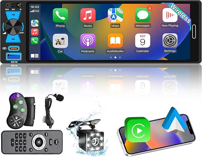 6.5" Single Din Touchscreen Radio with Wireless Apple CarPlay & Android Auto, FM/AM,Car Stereo with Bluetooth 5.2, 180W Audio, 20-Band EQ,USB/Type-C,Mirror Link,External Mic,8-LED Backup Camera,SWC