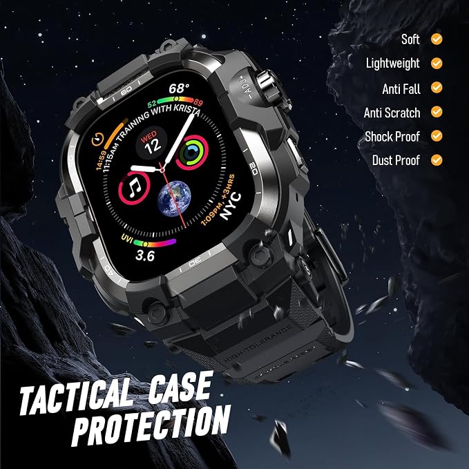 BXUXOHS Rugged Case and Band for Apple Watch 45mm Men, Compatible with Apple Watch Series 9/8/7, Military Grade Shockproof Bumper Cover, Tactical Band Case for iWatch 9/8/7 Man, Black Titanium
