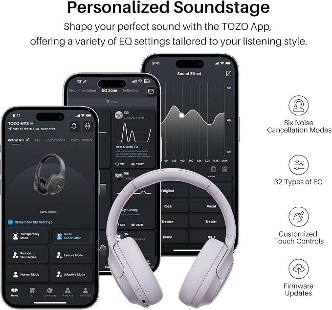 TOZO HT3 Hybrid Noise Cancelling Headphones, 90H Battery Life Wireless Over Ear Bluetooth 6.0 Foldable Headset, AI Voice Assistant with 5 Mics, Connect 2 Devices & Hi-Res Sound, 32 Audio EQ, with Case