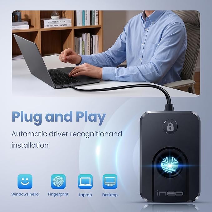 ineo USB Fingerprint Reader for Windows 10/11, Windows Hello, One-Touch Login & Screen Lock, Plug & Play, Password-Free, 5ft Cable [Not for Mac]