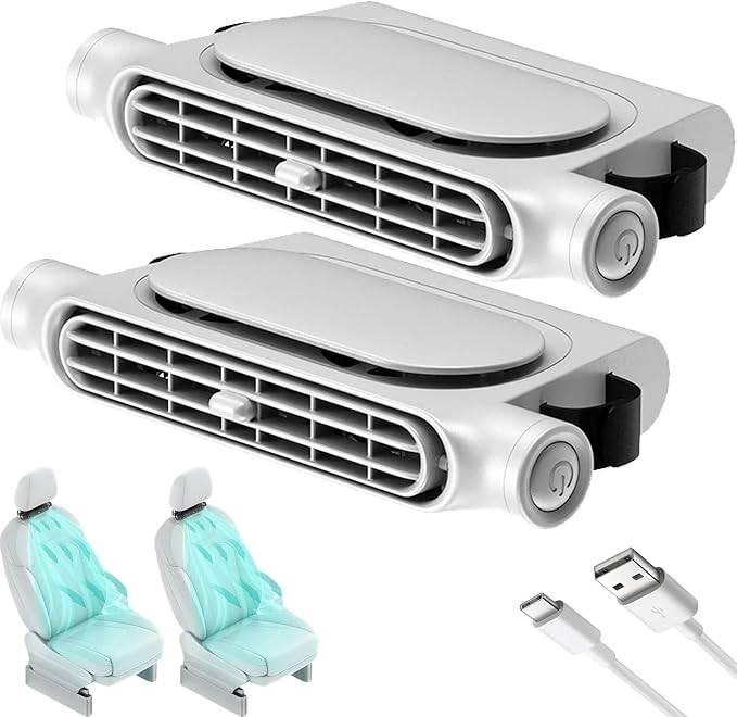 2PCS Car Seat Fan, Portable Car Fans for Backseat for Kids, USB Rechargeable Backseat Neck Cooling Air Conditioner Cooler Vent Clip on Fan with 3 Adjustable Wind Speeds Device for All Cars-White