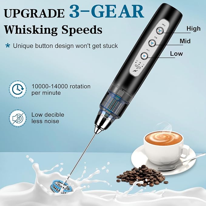 BSRGMS Milk Frother Handheld with Stand, Electric Whisk 3 Speed Adjustable, Drink Mixer with Stainless 3 Whisk, Rechargeable Hand Frother Wand, Foam Maker for Latte Cappuccino Hot Chocolate Egg Black