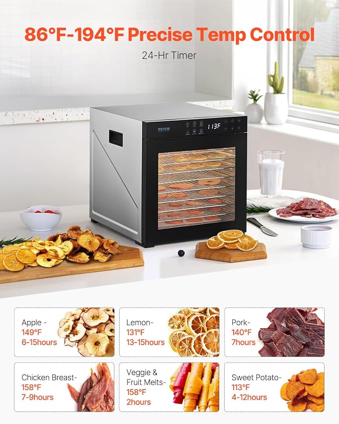VEVOR Food Dehydrator Machine, 10 Stainless Steel Trays, 1000W Electric Food Dryer with Adjustable Temperature & 24-Hour Timer, Food-Dehydrator for Jerky, Meat, Fruit, Vegetables, Herbs, Dog Treats