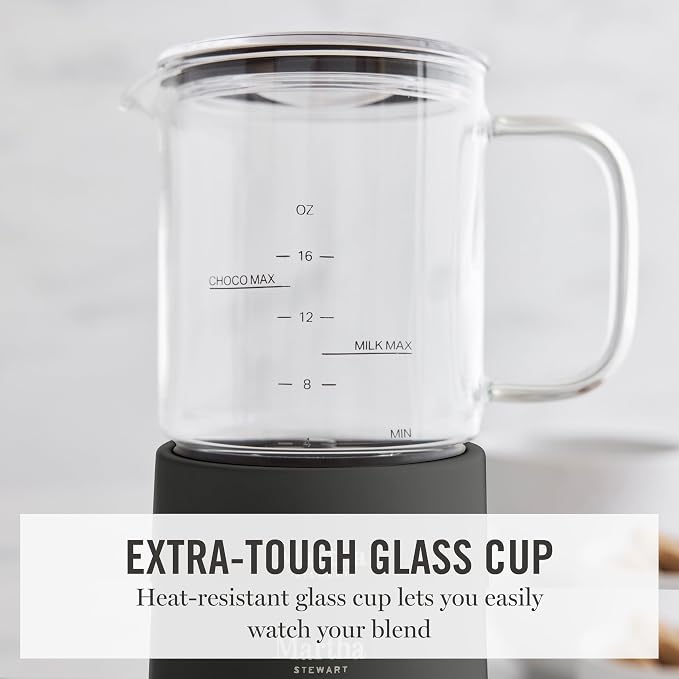 Martha Stewart Milk Frother and Steamer, 10oz/300ml Glass Cup, 4 Presets (Cold Foam, Light, Dense & Hot Chocolate), Ready in 90 Seconds, Cordless Pouring, One-Touch for Hot and Cold Milk, Caviar Gray