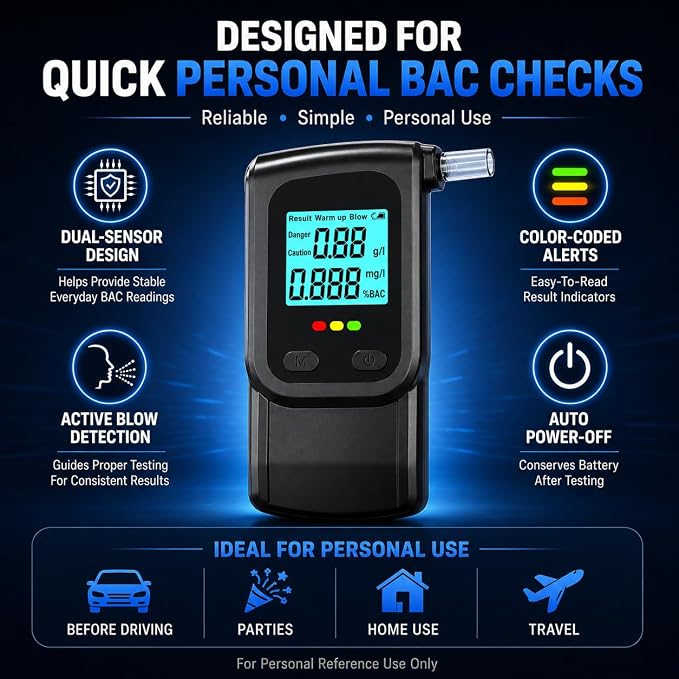 Breathalyzer Alcohol Tester with 20 Mouthpieces, Portable BAC Tester with LCD Display, Personal Alcohol Breathalyzer for Home, Travel, Parties & Quick Alcohol Level Checks Before Driving | Quick BAC Reference Color-Coded Alerts One-Button Use Active Bl...