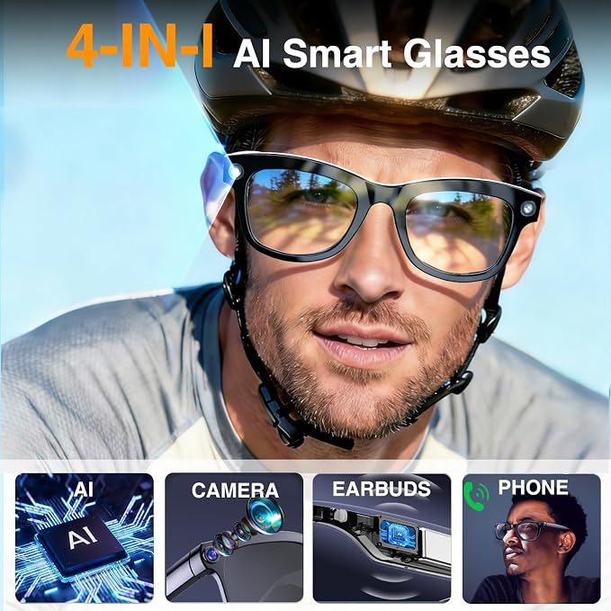 AI Smart Glasses with Camera, 8MP HD Camera & Video Recording Glasses,146 Languages Real-Time Translation,AI Voice Assistant, Object Recognition for Travel, Meetings &Vlog