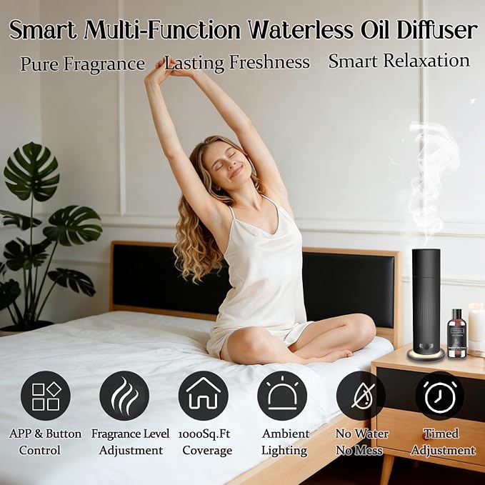 Waterless Essential Oil Diffuser, Scent Air Machine for Home with 4x30ml Hotel Scent Oil Sets, Covers Up to 1000 Sq.Ft, Adjustable Mist & Timer, Hotel and Commercial Use