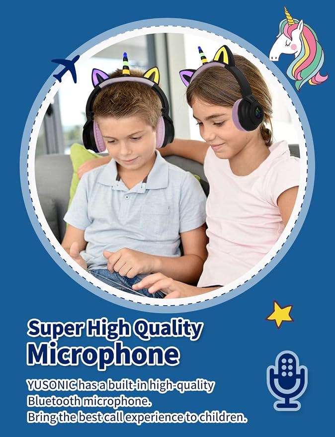 Unicorn Headphones for Girls,Bluetooth Unicorn Headphones Toddler School Laptop Cellphones Plane use, Light Up Wireless Kid Headphone Birthday Gifts (Black)