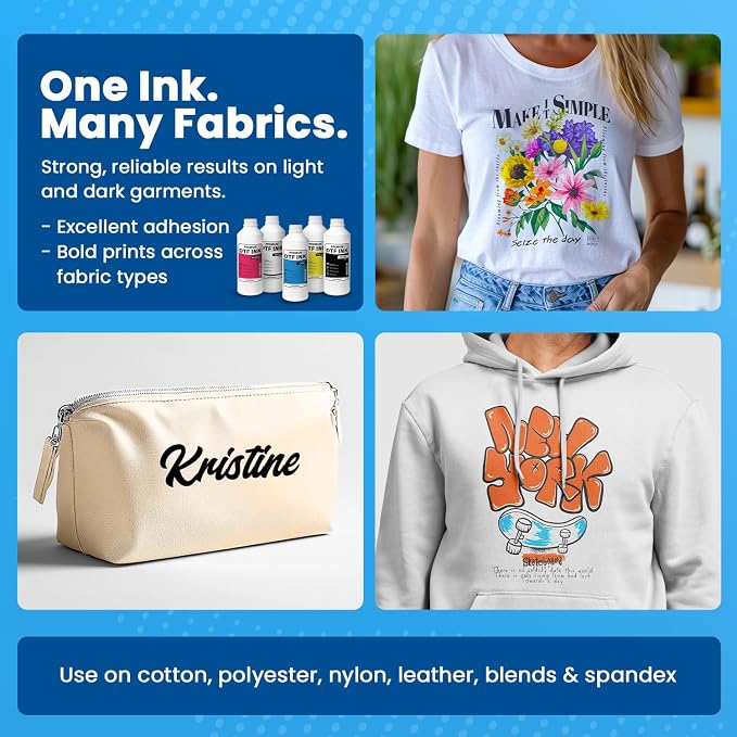 DTF Ink Cyan 33.8 fl oz (1000ml) | High Opacity Clog-Free Formula | Compatible with ET8550 L1800 XP600 I3200 4720 XP15000 & All Printheads | Reliable Color Accuracy & Smooth Flow