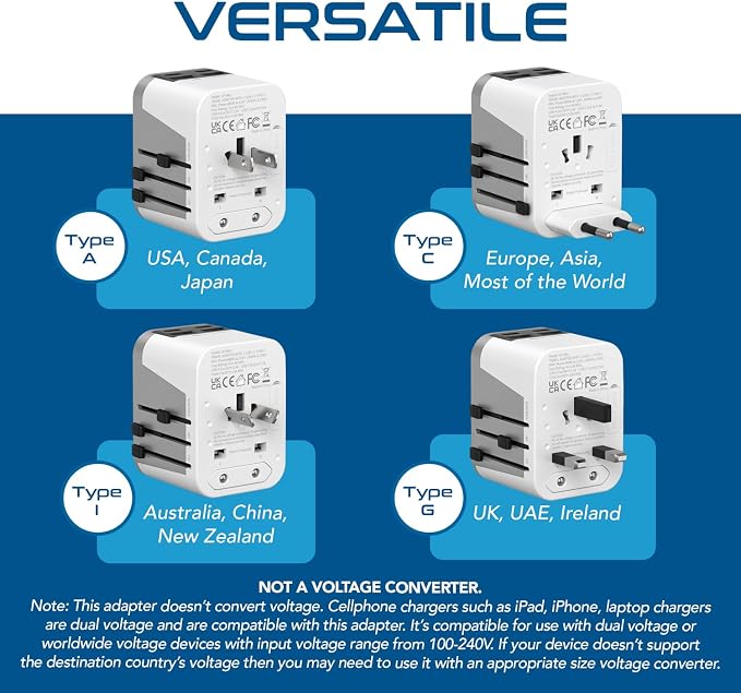 Ceptics Universal Travel Adapter for EU, UK, China, UAE, AU – International Power Adapter with Dual USB-C & USB-A – Ideal for Phone, Tablet & Smartwatch Chargers - Type A, C, G, I Plug Outputs