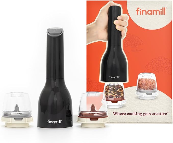 FinaMill Classic Battery Spice Mill – Battery Operated Salt and Pepper Grinder Set, Includes 2 Interchangeable Spice Pods, Adjustable Coarseness, LED Light, Home and Kitchen Gift Set for Father's Day