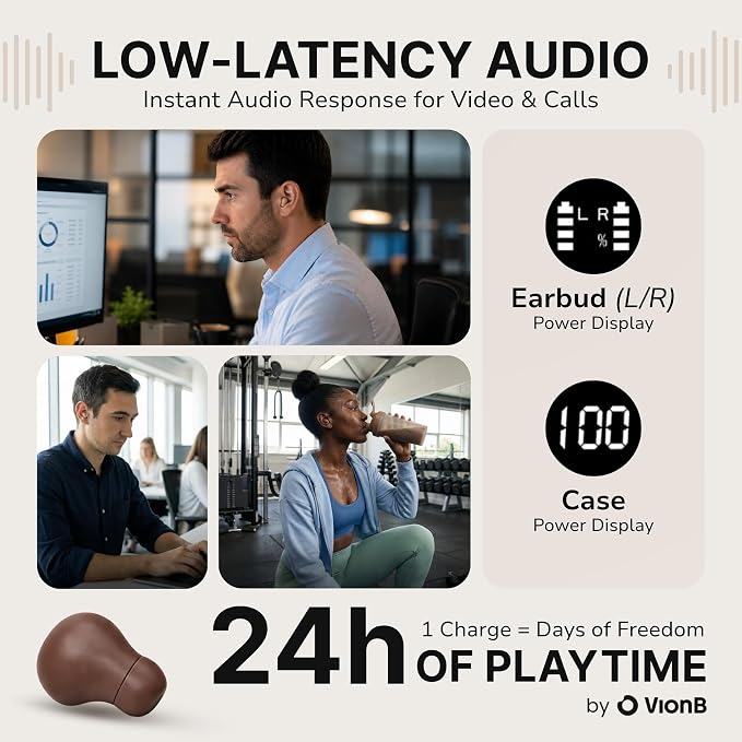 Air Skin Tones Invisible Earbuds for Small Ears - Wireless Bluetooth 5.4, Skin-Matching Mini Stemless Ear Buds, IPX5 Waterproof, ENC Noise Cancelling (Warm Cocoa)