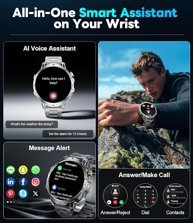 LIGE Military Smart Watches for Men(2 Bands),1000mAh/1.85" HD Large Screen Smartwatch, Flashlight/110+ Sports Modes/IP68 Waterproof/Sleep Monitor, Fitness Tracker Watch for iOS Android,Silver