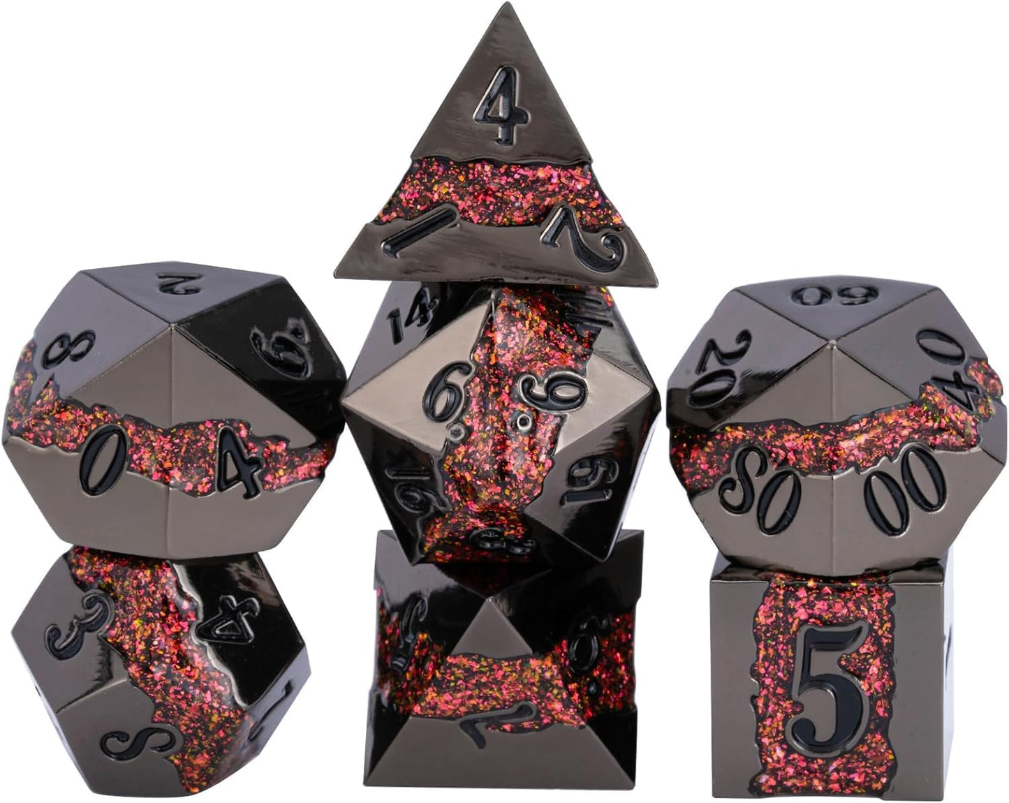 Metal DND Polyhedral Dice,Large Stripe Glitter Metallic Dice Set,Antique Silver Dice 7pcs Set for Role Playing Games(Black Nickel Red)