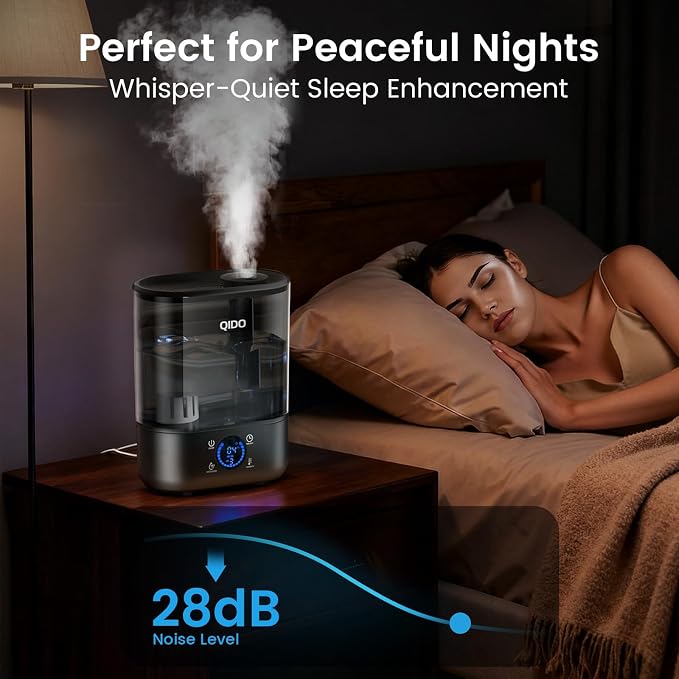 QIDO Top Fill Humidifiers for Bedroom, 5 L Cool Mist 36H Super Long Time, Quiet 28dB Essential Oil Diffuser for Baby & Plants, 3 adjustable Mist with Touch/APP/7-color Nightlight, Black
