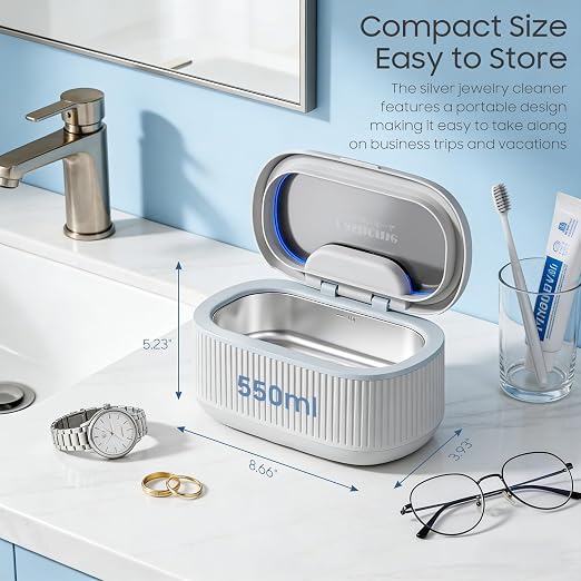 Ultrasonic Jewelry Cleaner, 45kHz Retainer Cleaner Machine for Silver, Glasses, Denture with 2x100ml Cleaning Solution, 3 Power 5 Timer, 304 Stainless Steel Tank, Sonic Cleaner for Home, Jewelry Store | sonic jewelry cleaner degas mode complete accesso...