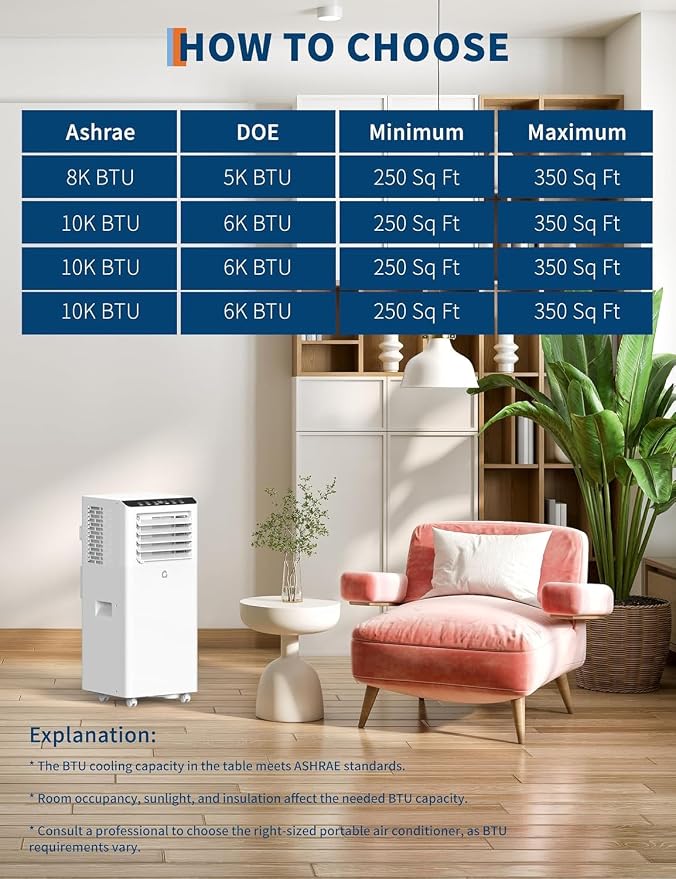 8000 BTU Portable Air Conditioners Cools Up to 350 Sq.Ft, 3 in 1 Portable AC with Remote, 24H Timer, Sleep Mode, Window Kit