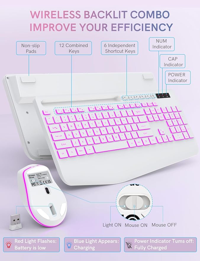Trueque Wireless Keyboard and Mouse Combo, 4000mAh Rechargeable Backlit Keyboard with Wrist Rest & Phone Holder, Full Size Quiet Typing 2.4G USB-A/Type-C for PC Laptop Windows Mac (Cloud White)