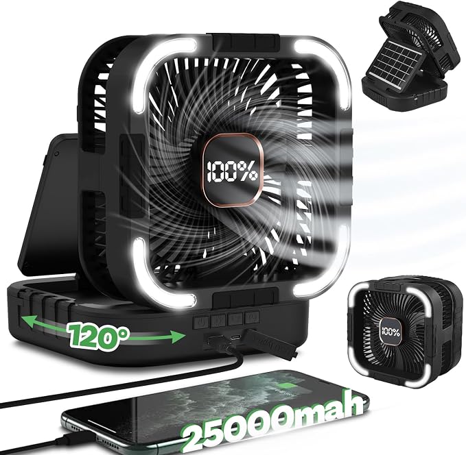 25000mah Camping Solar Fan, 120° Oscillation Rechargeable Solar Powered Fan with LED Light, 6 Adjustable Speeds Battery Powered Portable Fans, USB-C Fans for Travel Tent Camping Accessories