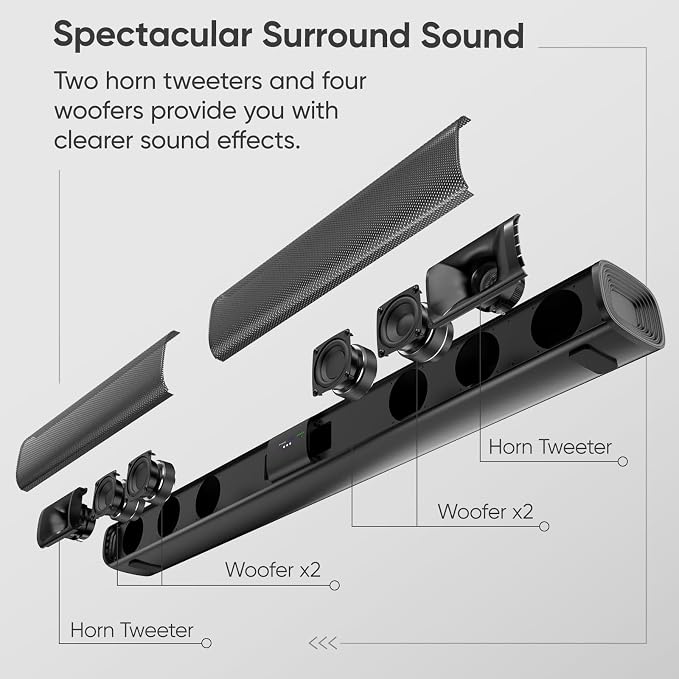 Sound Bar for Smart TV, 80W Surround Sound System, 2-in-1 Detachable Design, 2.0 Channel Soundbar, 4 Woofers & Dual Horn Tweeters, Bluetooth5.3 ARC AUX Optical Home Theater Speaker