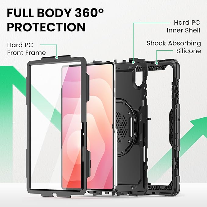 SEYMAC Case for Samsung Galaxy Tab S11 Ultra 5G 14.6 Inch 2025, Heavy Duty Shockproof Protective Case with Screen Protector, Rotating Stand and Hand/Shoulder Strap, Black