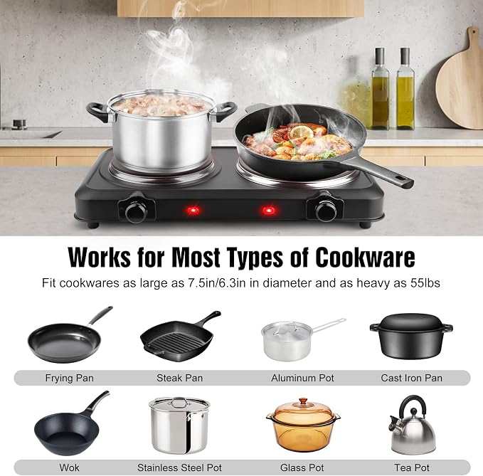 2000W Hot Plate,Portable Electric Stove Countertop Double Burner Infrared Burner with 7.5” & 6.3” Ceramic Glass Cooktop Stepless Temperature Adjustments for Home RV Camp