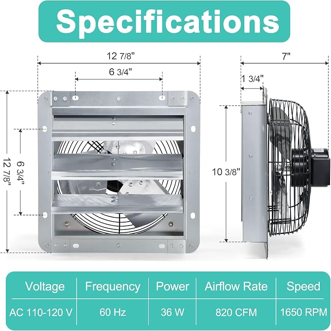 10 Inch Shutter Exhaust Fan, Wall Mount Attic Fan with Power Cord for Greenhouses, Sheds, Garages, Chicken Coops, Barns Ventilation, 820 CFM