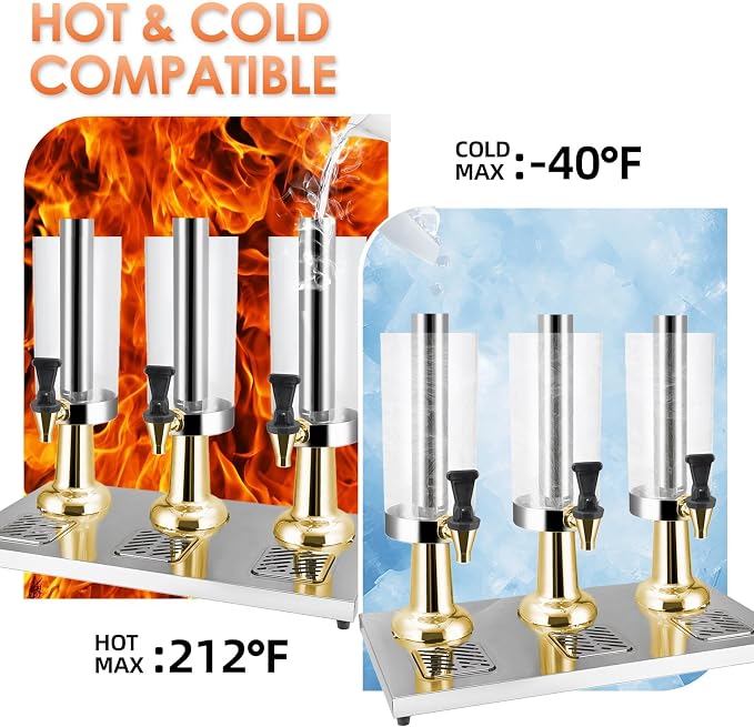 Hot and Cold Beverage Dispenser with Stand, 2.38 Gallon All-in-One Commercial Drink Dispenser with Ice Core&Stainless Steel Drip Trays for Parties, Beer Bar, Coffee (GOLD, 3 Head-2.38 GAL)
