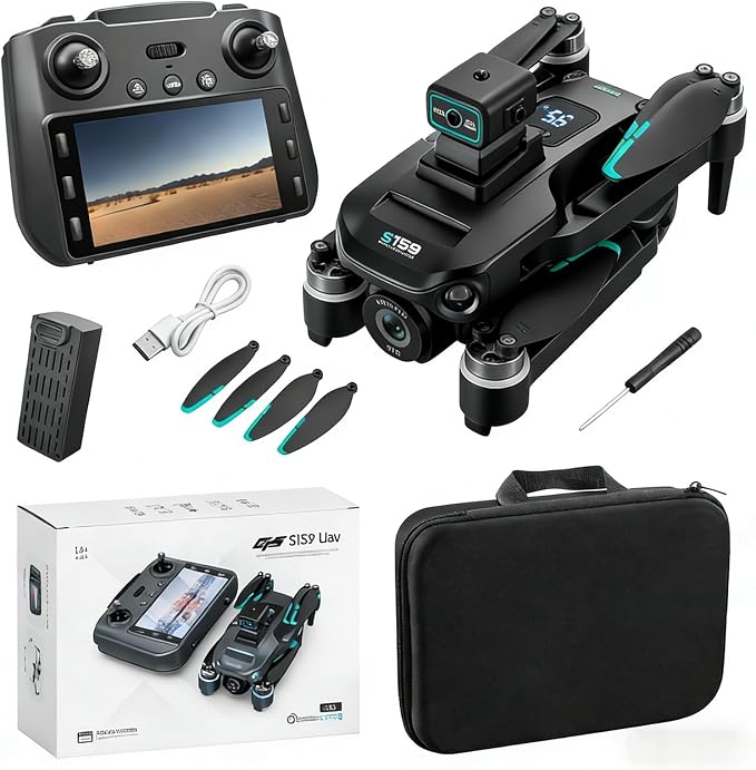 ikaufen S159 GPS Drone with 4K Dual Camera, Obstacle Avoidance, Brushless Motor, 5G Transmission, 25min Flight Time, RC Quadcopter with Screen Remote Control for Adults(S159 screen control+ 2 Battery Black)