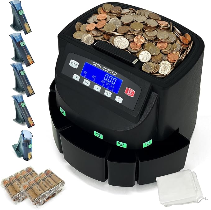 USD Coin Counter Machine with LCD Display,Coin Sorter and Wrapper Machine,Sorts 1￠5￠10￠25￠$1 up to 300 Coins/min,2000-coin Capacity,Business Grade,5 Bins&5 Tubes,Automatic Wrapper (Black)