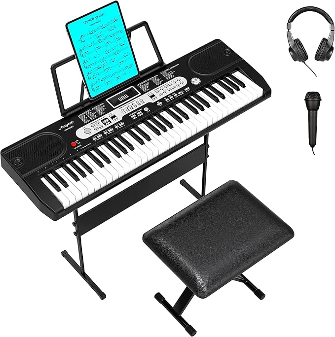 61-Key Electronic Keyboard Piano for Beginners, Complete Home Digital Piano Set with Microphone, Headphones, Adjustable x-Stand, Stool, Sheet Music Holder, and Note Stickers, Ideal Starter Kit