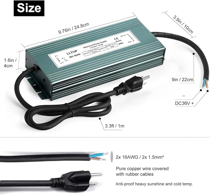 LLTOP 36v DC Power Supply 400w 11.1A Waterproof AC110v/120v to 36vdc Converter Constant Voltage Outdoor Transformer for Pump Humidifier LED Lights