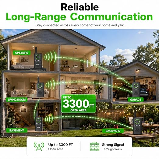 Wireless Intercom System 3300 ft Long Range, 2 Way Intercom for Home Office & Business, Large PTT Button & VOX Hands-Free, 16 Channels Room to Room Intercom, No WiFi Needed (2 Pack)