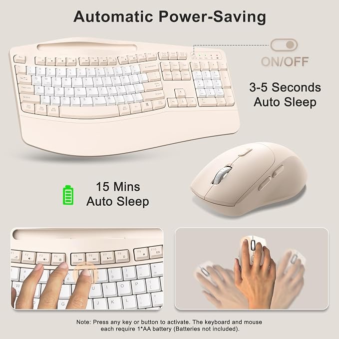 Wireless Keyboard and Mouse Combo, 2.4G Full Size Wave Keys Ergonomic Keyboard with Wrist Rest, Phone Holder, 3-Level DPI Wireless Silent Mouse with 6-Buttons, for Windows (Milk Tea-B)