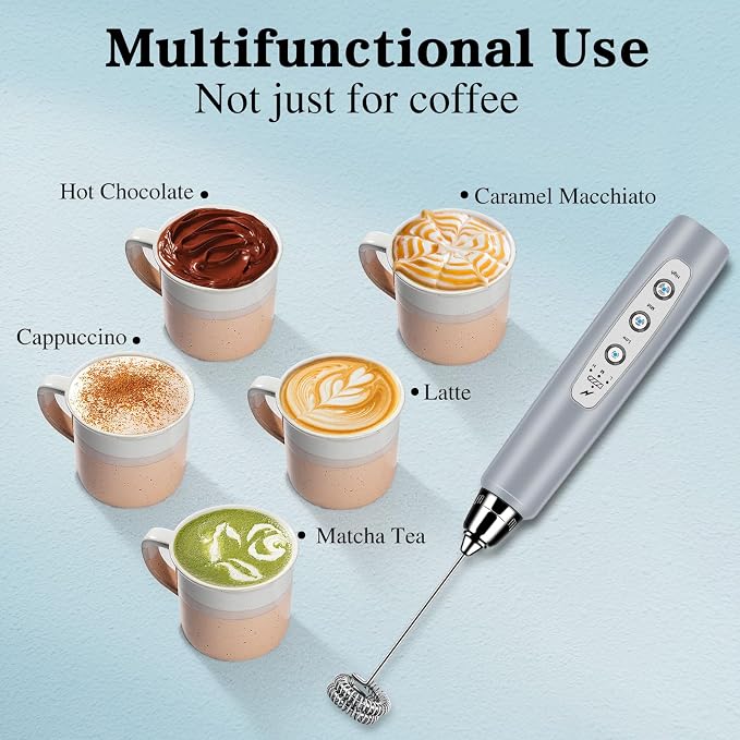 BSRGMS Milk Frother Handheld with Stand, Electric Whisk 3 Speed Adjustable, Drink Mixer with Stainless 3 Whisks, Rechargeable Hand Frother Wand, Foam Maker for Latte Cappuccino Matcha Egg Cement Gray