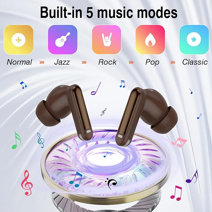 Thunelec Wireless Earbuds with Touch Screen, 2026 New Bluetooth 5.4 Headphones with ANC/ENC Mic, 50H HiFi Stereo Ear Buds with 5 EQ Modes, Transparency Mode, IPX7 Earphones for Running, Brown