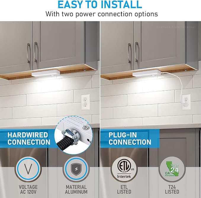 TORCHSTAR 4-Pack 8 Inch LED Under Cabinet Lighting 5CCT, ETL T24, 6W 450LM, Hardwired & Plug-in, 5 Color Selectable CRI90 120V Dimmable Under Counter Lights for Kitchen, White Aluminum Housing
