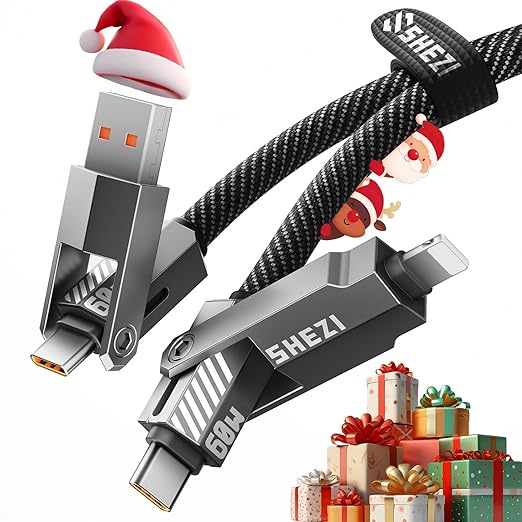 SHEZI Nylon Braided 4 in 1 USB C Cable 60W 5FT Compatible with Lightning Cable, Fast Charging for iPhone/iPad Charger Cord [480Mbps Data Sync],Multi Charging Cable with Type C/USB A, Grey