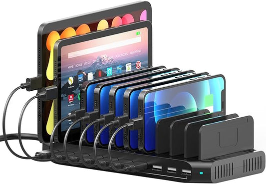 SUIDEK 10-Port Multi Charging Station, 60W USB Tablet Charging Station for Multiple Devices, USB Charging Dock Multi Device Charger Organizer with Adjustable Dividers for Tablets, Smartphones