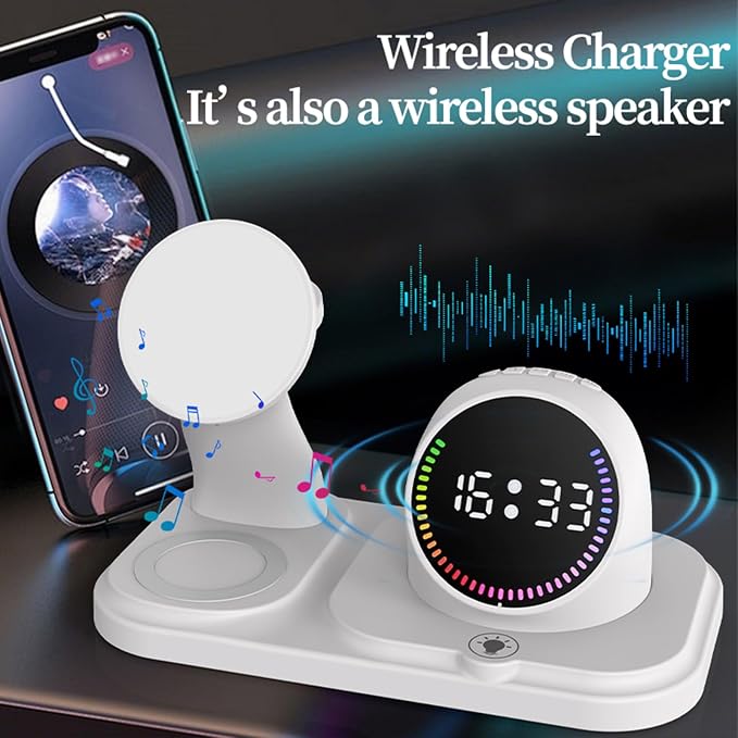 6 in 1 Wireless Charger for Apple Device，with Clock & 5 Color Ambient Light, Comes with Speakers,Nightstand Charger Station for iPhone 17/16/15/14/13/12/iWatch Series/AirPods (White)