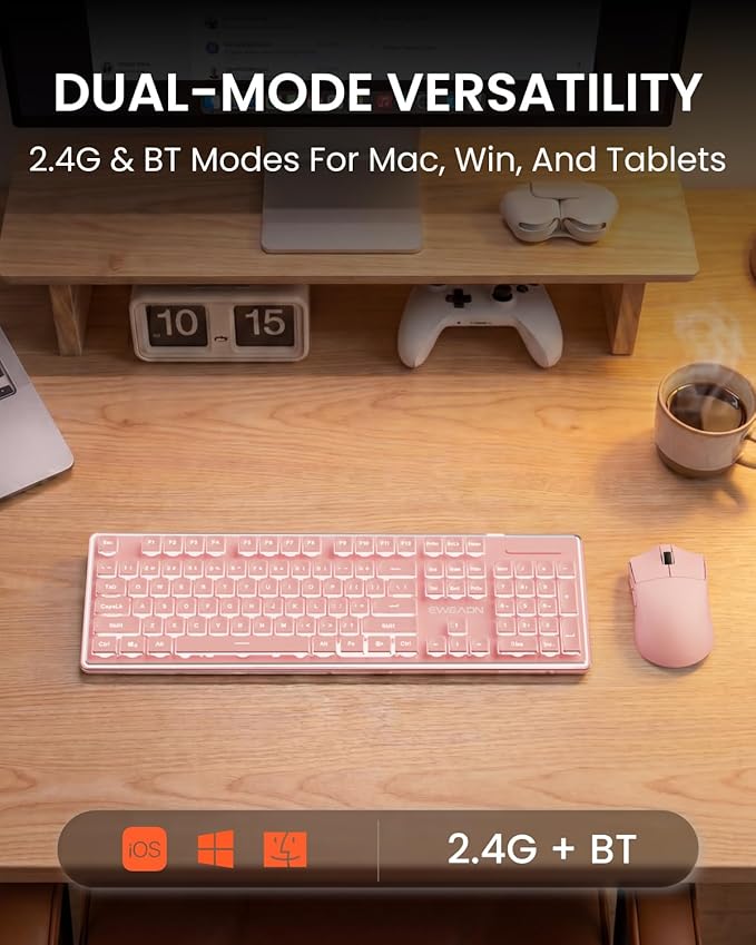 Wireless Keyboard and Mouse Combo with White Backlit Pudding Keycaps, Bluetooth & 2.4G, 2000mAh Rechargeable, Full Size, Metal Panel Quiet Computer Keyboard Set for Windows PC Desktop - Pink