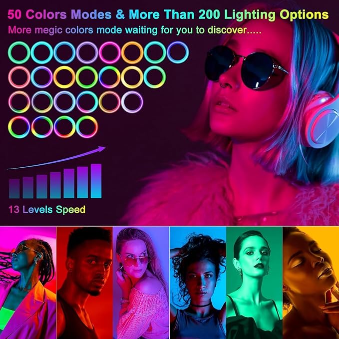 13" Selfie Ring Light with Stand 76" Tall & Phone Holders,Sunset Lamp, Tablet Holder,Desk Tripod& 51 Color Modes, Ring Light Tripod for iPhone,Video Recording,Live Streaming(TikTok/YouTube/Instagram)