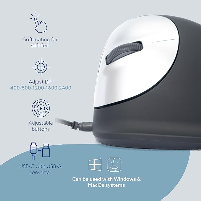 R-Go HE Vertical Ergonomic Mouse, for Large Left-Handed, with Break Software, USB-C Wired, Prevents Tennis Elbow/Mouse Arm RSI, Silent Click, 5 Buttons - Compatible Windows/MacOS, Black/Silver
