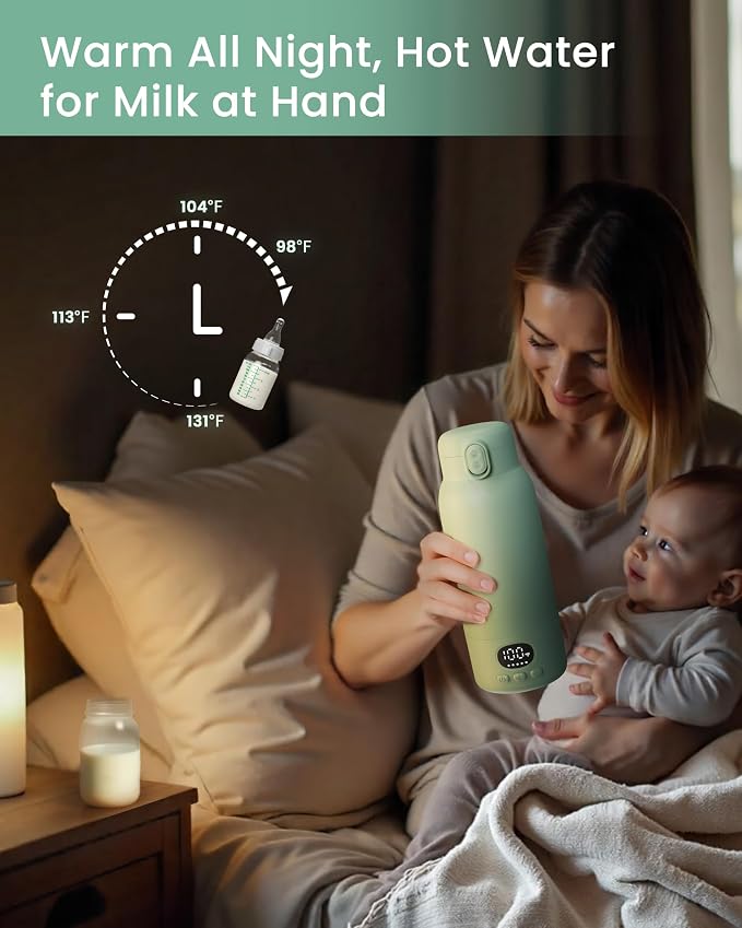 Portable Bottle Warmer - Dual Heating Modes for Breast Milk & Water, 17 Ounces, Fast Heating, Long Lasting Battery, Ideal for Travel, Outdoor, Baby Shower, Light Green