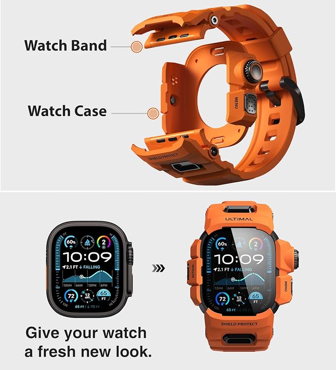 ULTIMAL Rugged Case with Band for Apple Watch 49mm,Compatible with Apple Watch Ultra 3/2/1, Military Grade Shockproof Bumper Cover for iWatch Tactical Band Men (49mm,Orange)