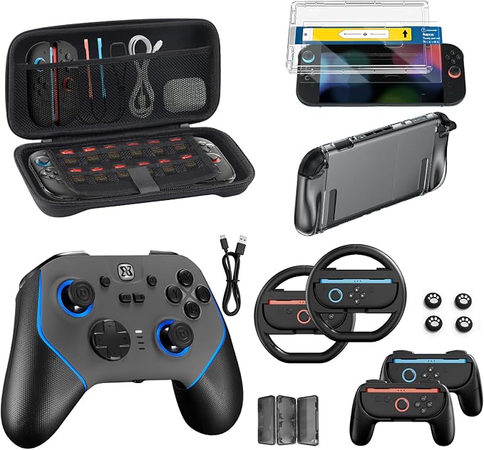 Pro Controller Accessories Bundle for Nintendo Switch 2, 17-in-1: Carrying Case, Screen Protector, Thumb Grip for Joycon, Dockable Console Protective Cover Shell, Steering Wheel, 2025 Switch2 Game Kit